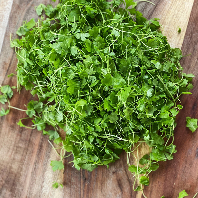 micro celery leaf salad on a wooden board